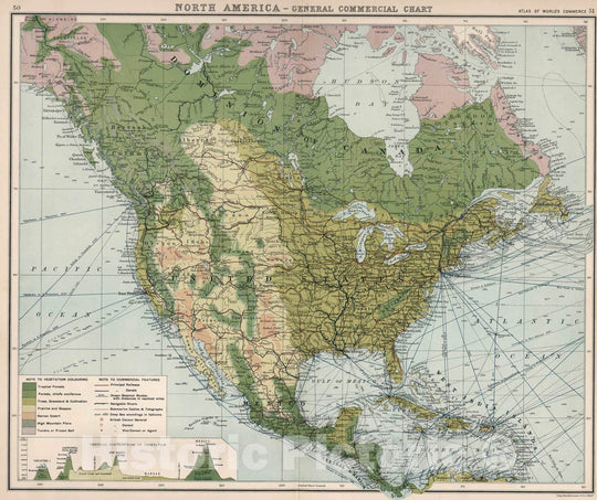 Historic Map : Statistical Atlas - 1907 North America - General Commercial Chart. (Base Map includes Vegetation). - Vintage Wall Art