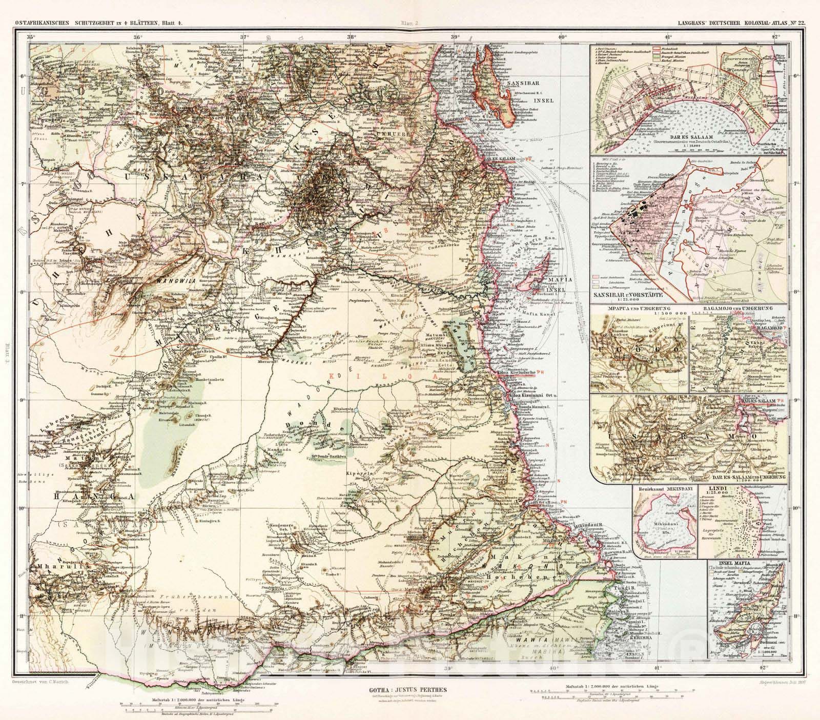 Historic Map : Tanzania, 1897 Nr. 22. Ostafrikanisches Schutzgebiet in 4 Blaettern, Blatt 4. (East African reserve in 4 sheets, sheet 4.) , Vintage Wall Art