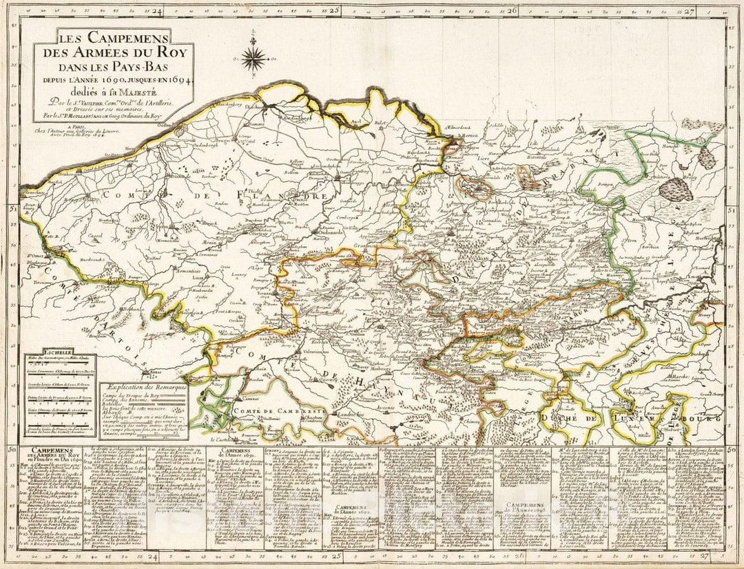 Historic Map : 1696 Encampments of the Royal Armies in the Low Country from the Year 1690 until 1694. - Vintage Wall Art