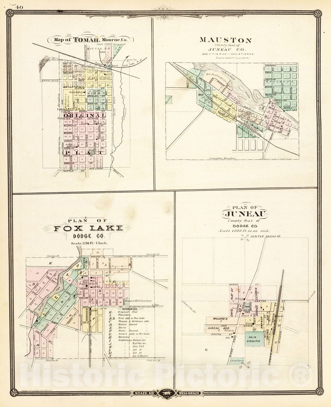 Historic Map : 1878 Tomah, Mauston, Fox Lake and Juneau. - Vintage Wall Art