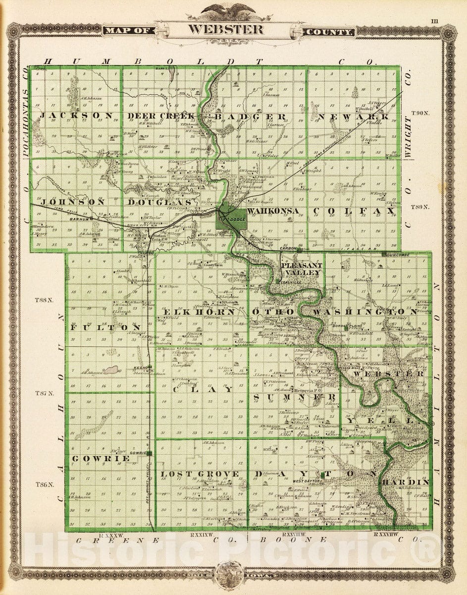 Historic Map - 1875 Map of Webster County, State of Iowa. - Vintage Wall Art