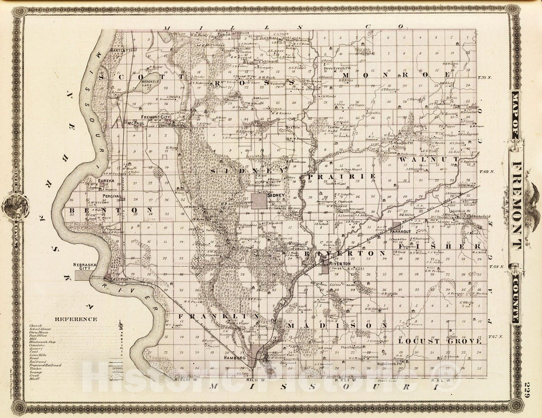 Historic Map : 1875 Map of Fremont County, State of Iowa. - Vintage Wall Art