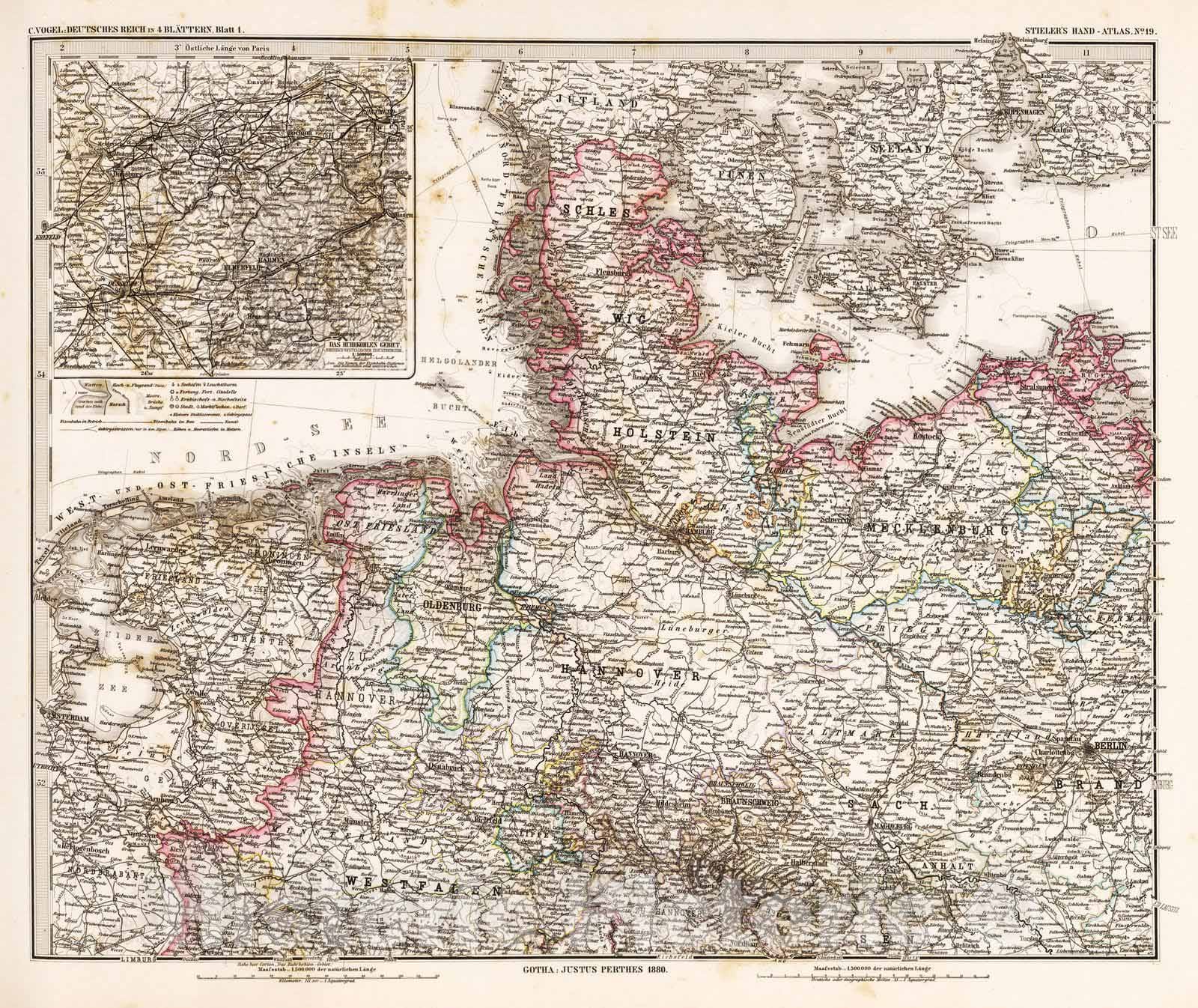 Historic Map : Germany, 1880 Deutsche Reich in 4 Blattern. Blatt 1. (German Empire). , Vintage Wall Art