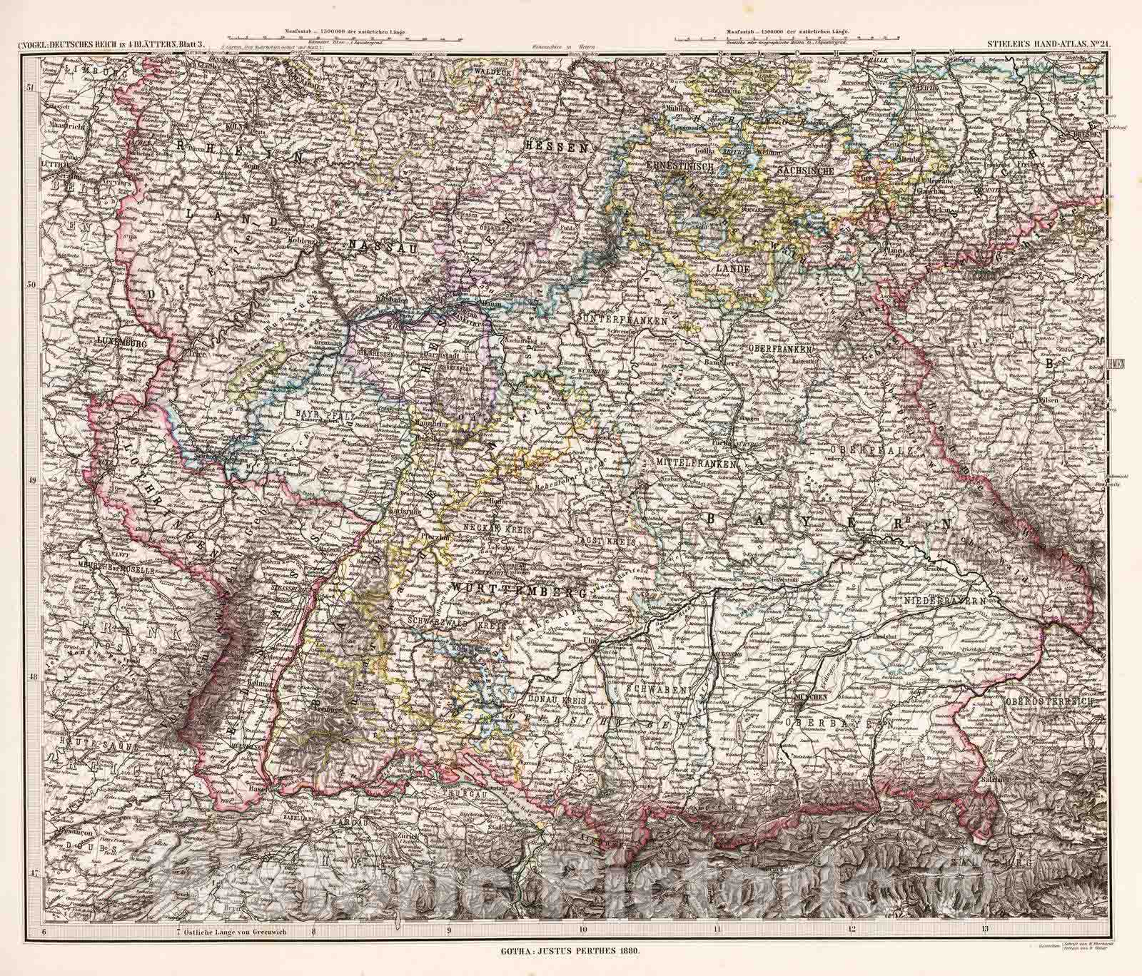 Historic Map : Germany, 1880 Deutsche Reich in 4 Blattern. Blatt 3. (German Empire). , Vintage Wall Art