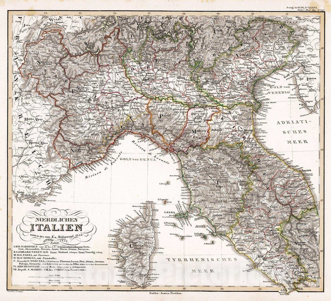 Historic Map : 1853 Noerdliches Italien. (Northern Italy). - Vintage Wall Art