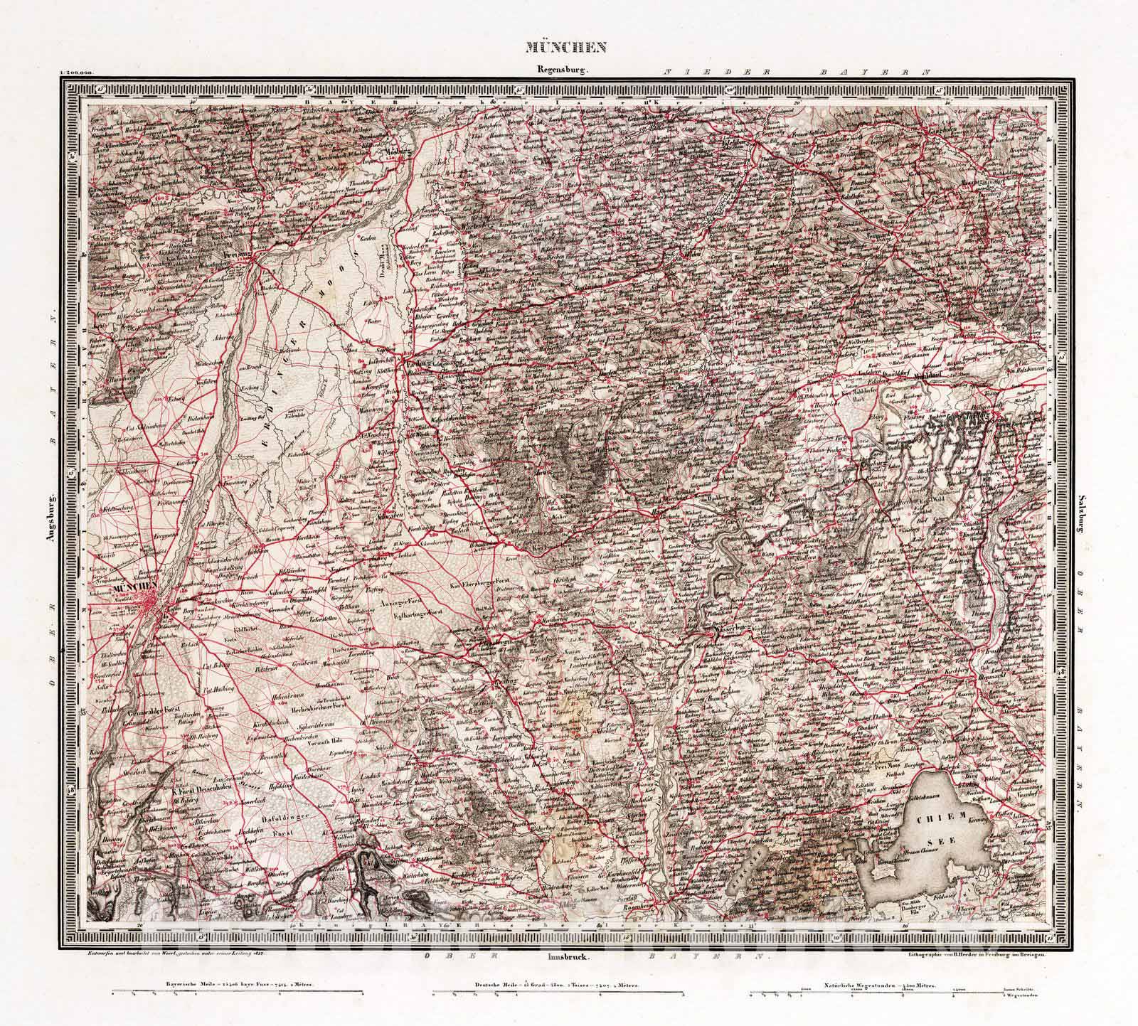 Historic Map : Germany, , Europe 1837 Munchen , Vintage Wall Art