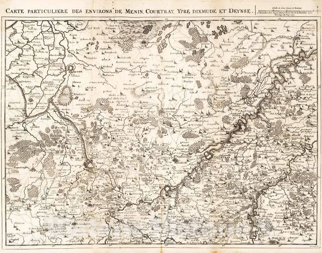 Historic Map : France, 1710 9. Carte particuliere des environs de Menin, Courtray, Ypre, Dixmude, Deynse. 1710. , Vintage Wall Art