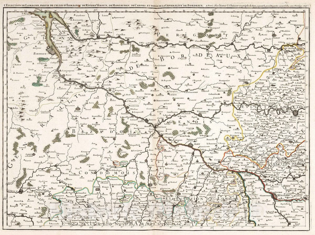 Historic Wall Map : Montauban , France 1695 Les Generalitez de Montauban et de Toulouse (northwest sheet). , Vintage Wall Art