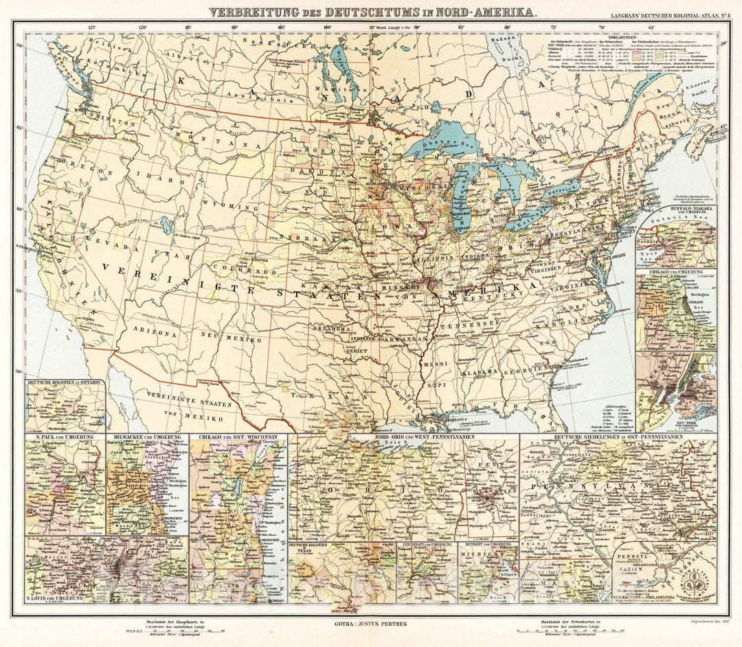 Historic Map : United States, 1897 Nr. 8. Verbreitung des Deutschtums in Nord-Amerika. (Dissemination of the Germans in North America.) , Vintage Wall Art