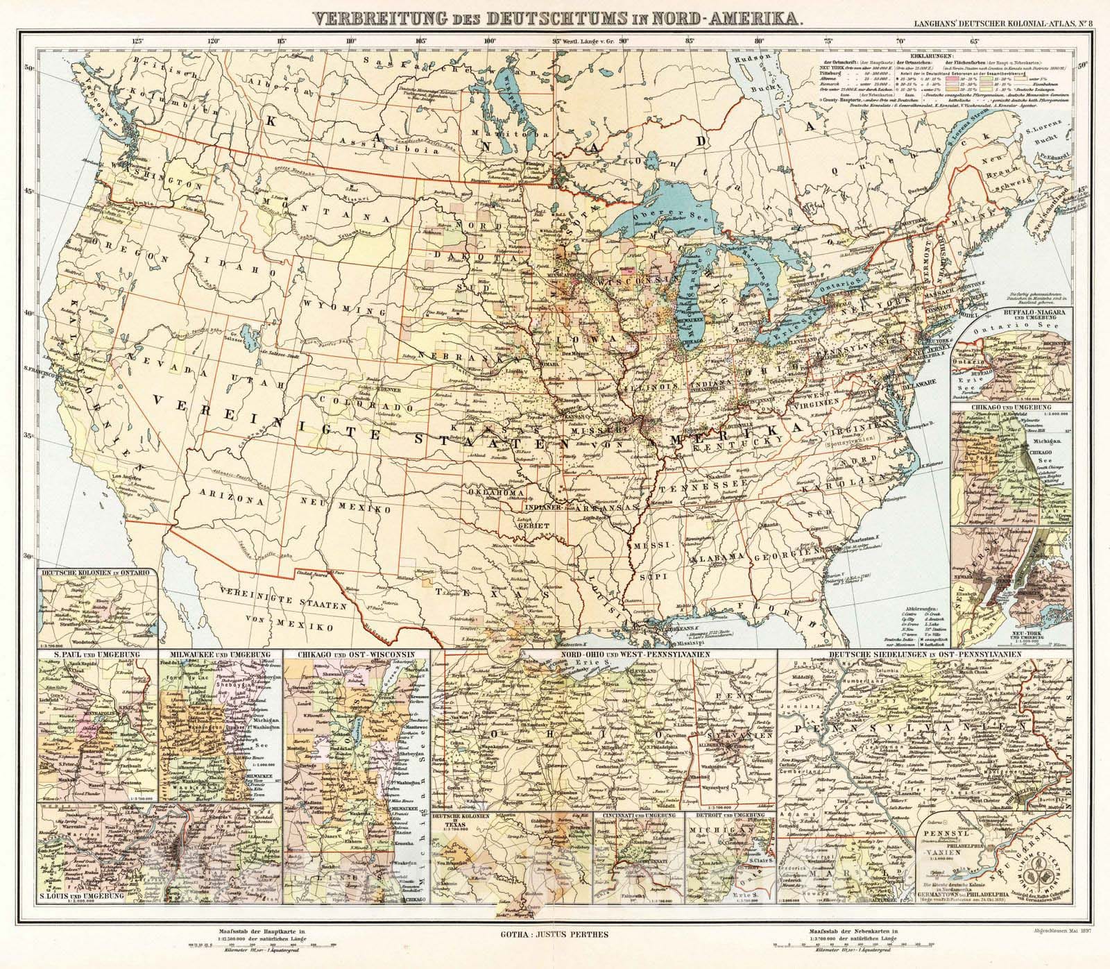 Historic Map : United States, 1897 Nr. 8. Verbreitung des Deutschtums in Nord-Amerika. (Dissemination of the Germans in North America.) , Vintage Wall Art