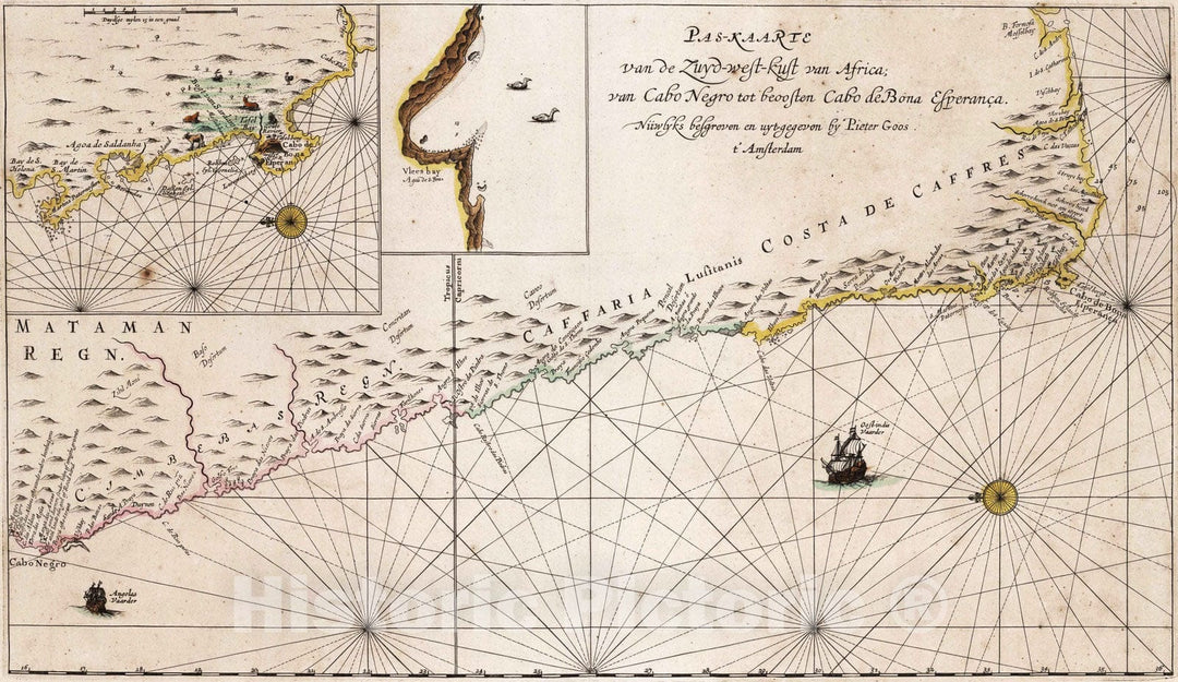 Historic Map : South Africa, Cape of Good Hope 1667 Pas-Kaarte van de Zuyd-west-kust van Africa; van Cabo Negro .Cabo de Bona Esperanca. , Vintage Wall Art