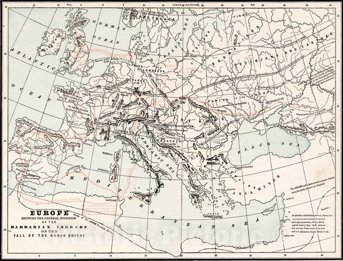 Historic Map : 1901 Europe showing the general direction of the Barbarian Inroads on the fall of the Roman Empire - Vintage Wall Art