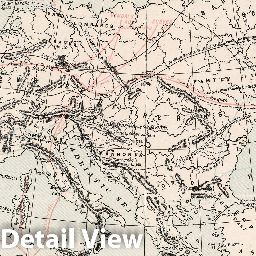 Historic Map : 1901 Europe showing the general direction of the Barbarian Inroads on the fall of the Roman Empire - Vintage Wall Art