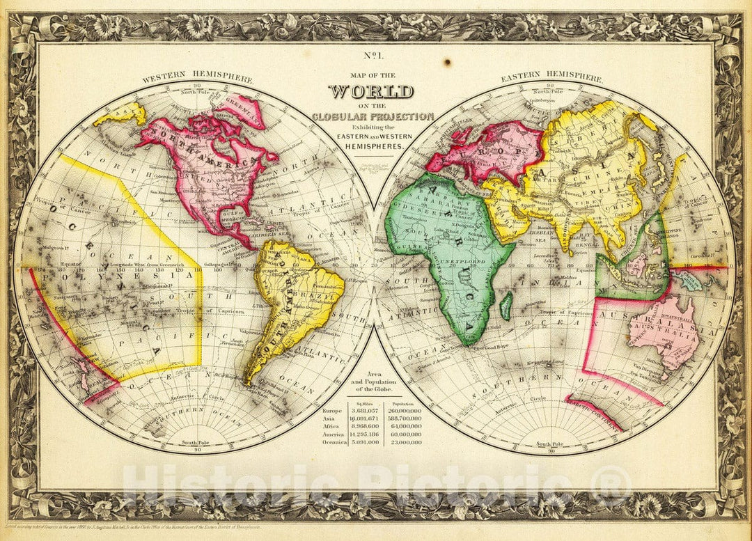 Historic Map : 1860 Map Of The World on the Globular Projection. - Vintage Wall Art