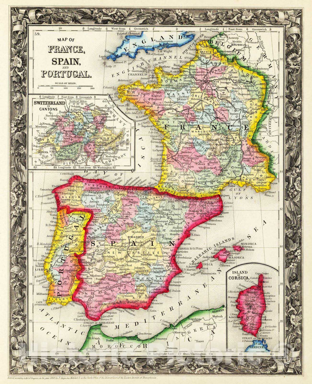 Historic Map : 1860 Map Of France, Spain, And Portugal. - Vintage Wall Art