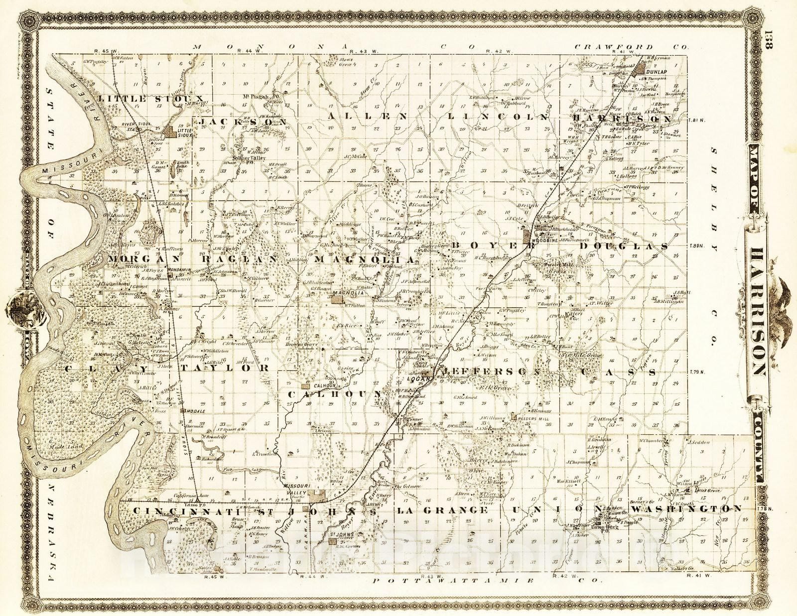 Historic Map : 1875 Map of Harrison County, State of Iowa. - Vintage Wall Art