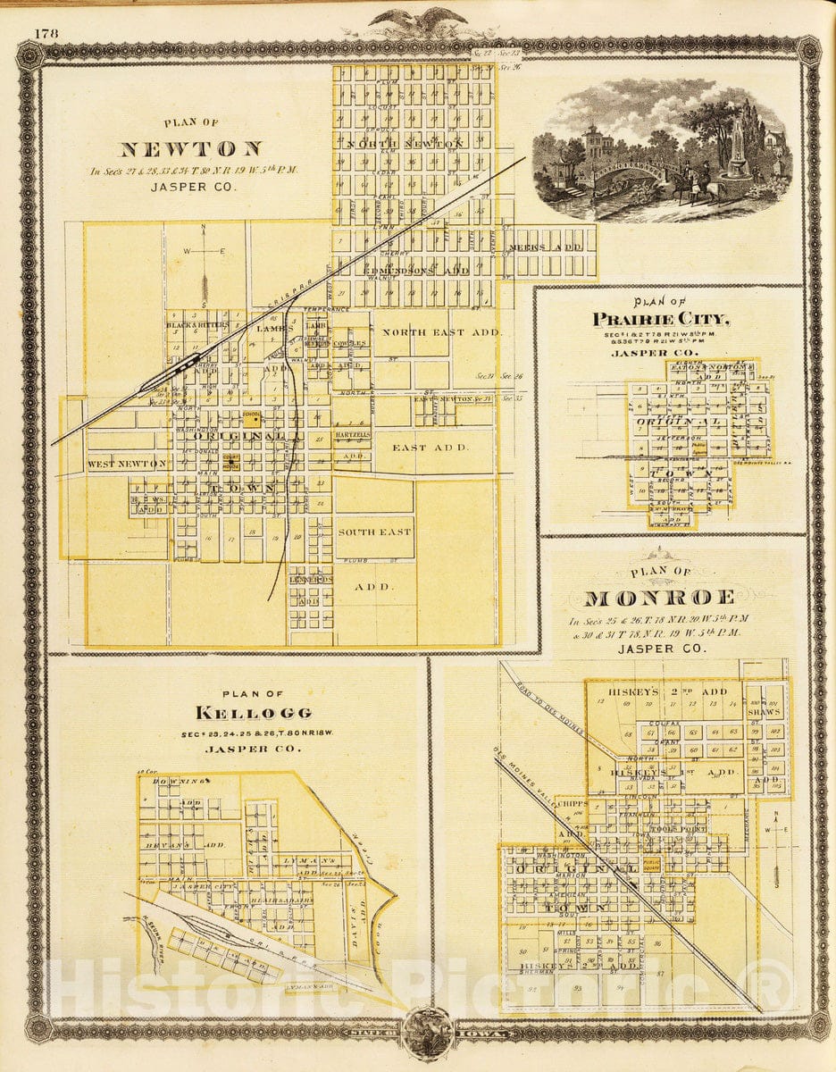 Historic Map : 1875 Plans of Newton, Prairie City, Kellogg and Monroe, State of Iowa. - Vintage Wall Art