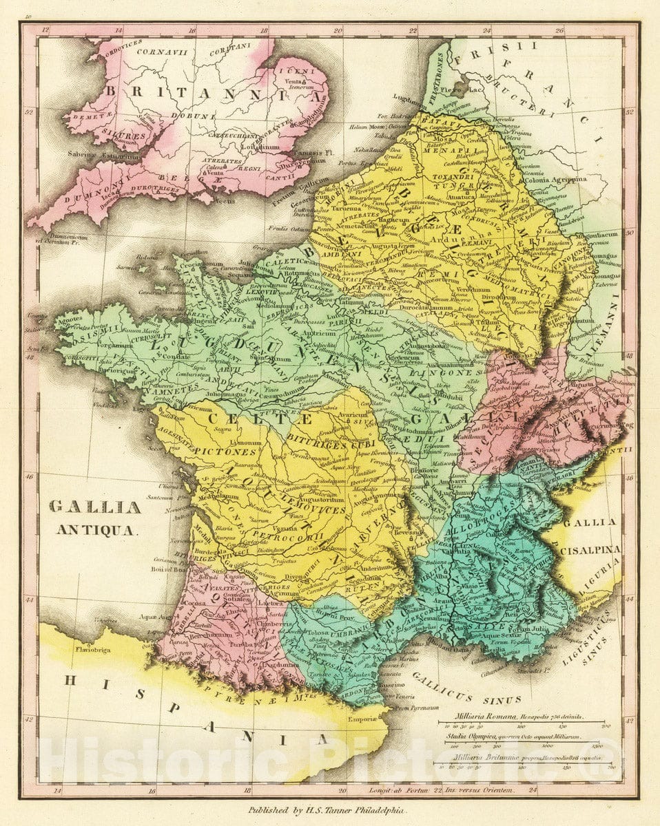 Historic Map : France, 1826 Gallia Antiqua. (1826) , Vintage Wall Art