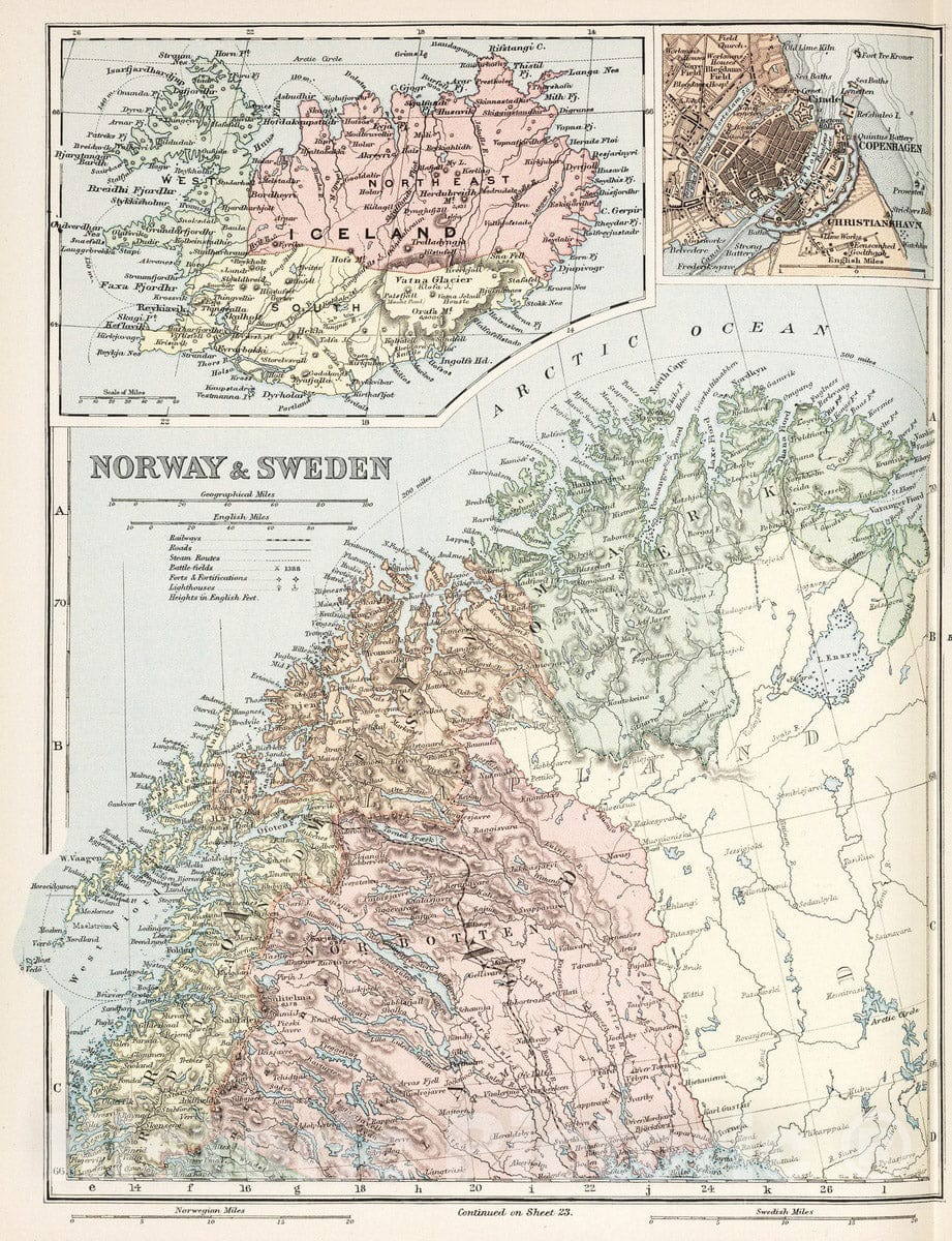 Historic Map : 1892 (Map Continues) Sweden. Norway. 23 - Vintage Wall Art