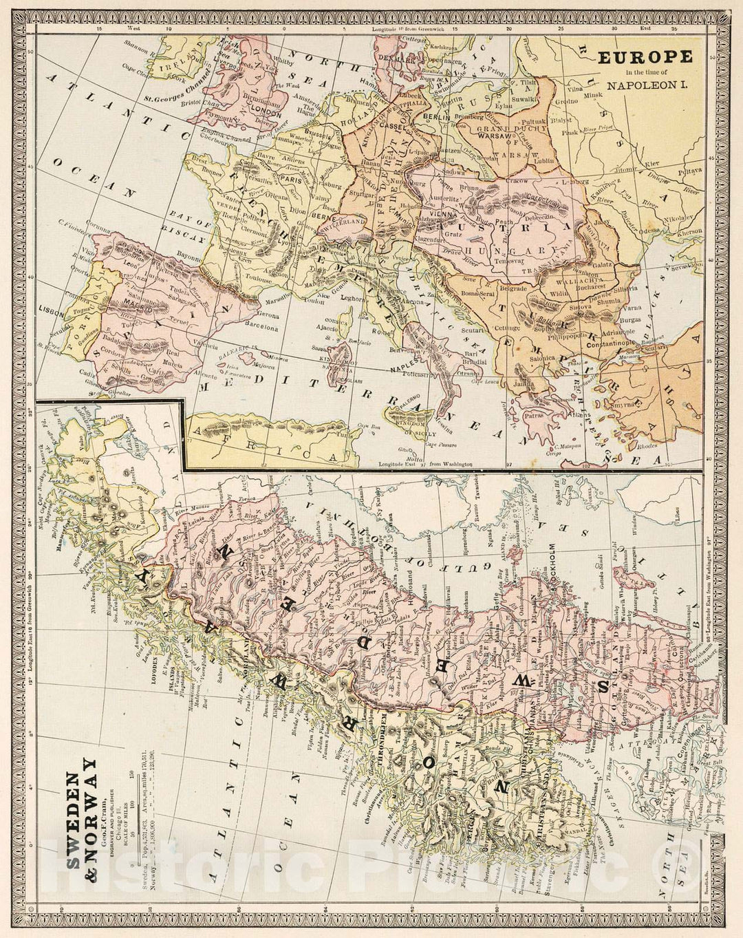 Historic Map : 1883 Europe in the Time of Napoleon I. Sweden and Norway. - Vintage Wall Art