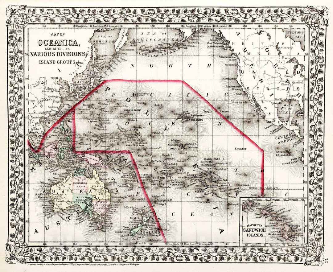 Historic Map : 1874 Map of Oceanica, exhibiting its various divisions, island groups &c. - Vintage Wall Art