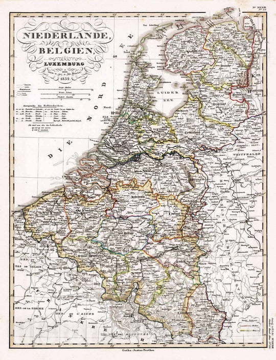 Historic Map : Belgium, 1852 Niederlande, Belgien, Luxemburg. (Netherlands, Belgium, Luxemburg). , Vintage Wall Art