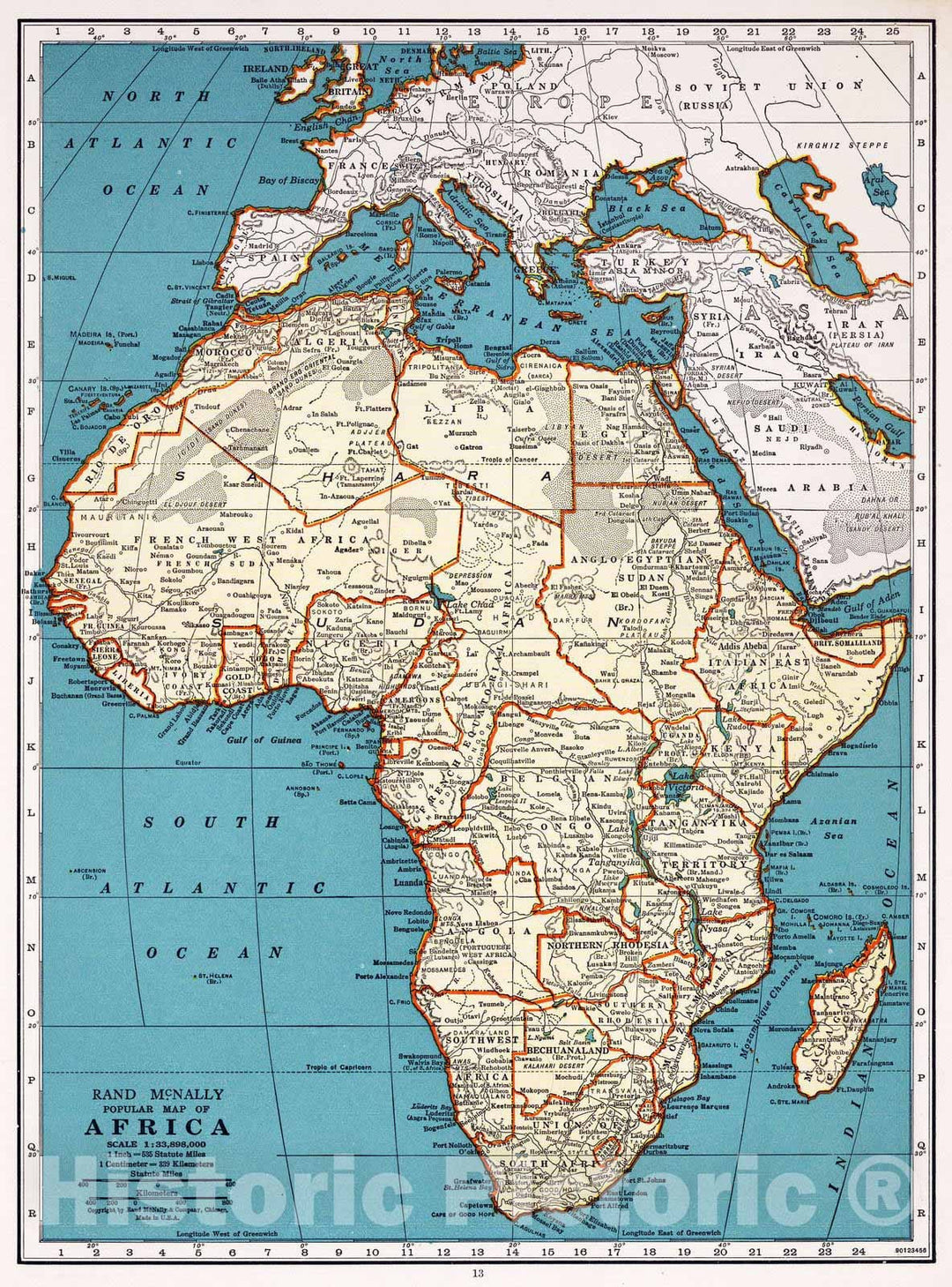 Historic Map : 1939 Rand McNally Popular map Africa - Vintage Wall Art