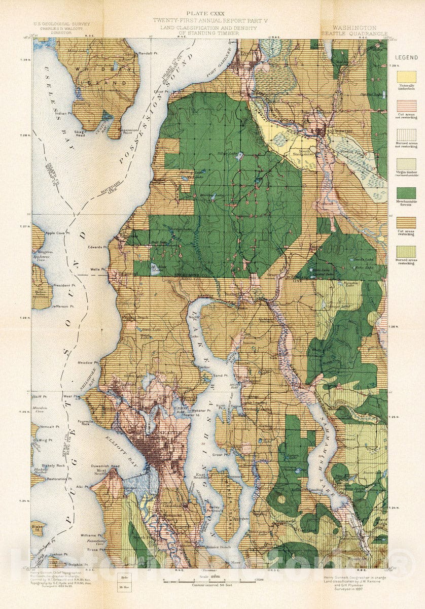 Historic Map : Geologic Atlas - 1900 Plate CXXX. Seattle Quadrangle, Washington, Land Classification and Density of Standing Timber. - Vintage Wall Art