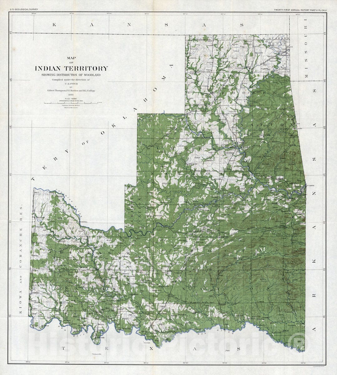 Historic Map : Geologic Atlas - Plate CXLII. Map of Indian Territory, Showing Distribution of Woodland, 1899. - Vintage Wall Art