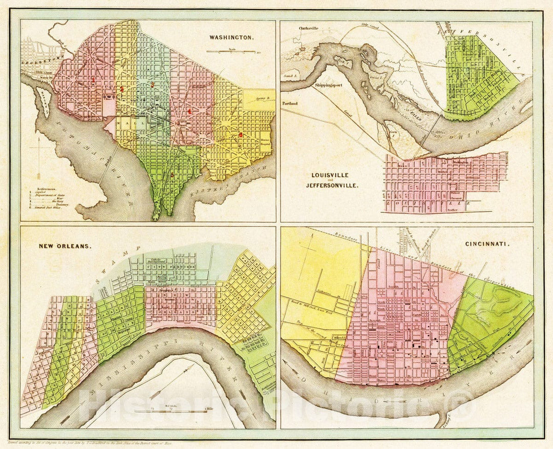 Historic Map : 1841 Washington, Louisville & Jeffersonville, New Orleans, & Cincinatti : Vintage Wall Art