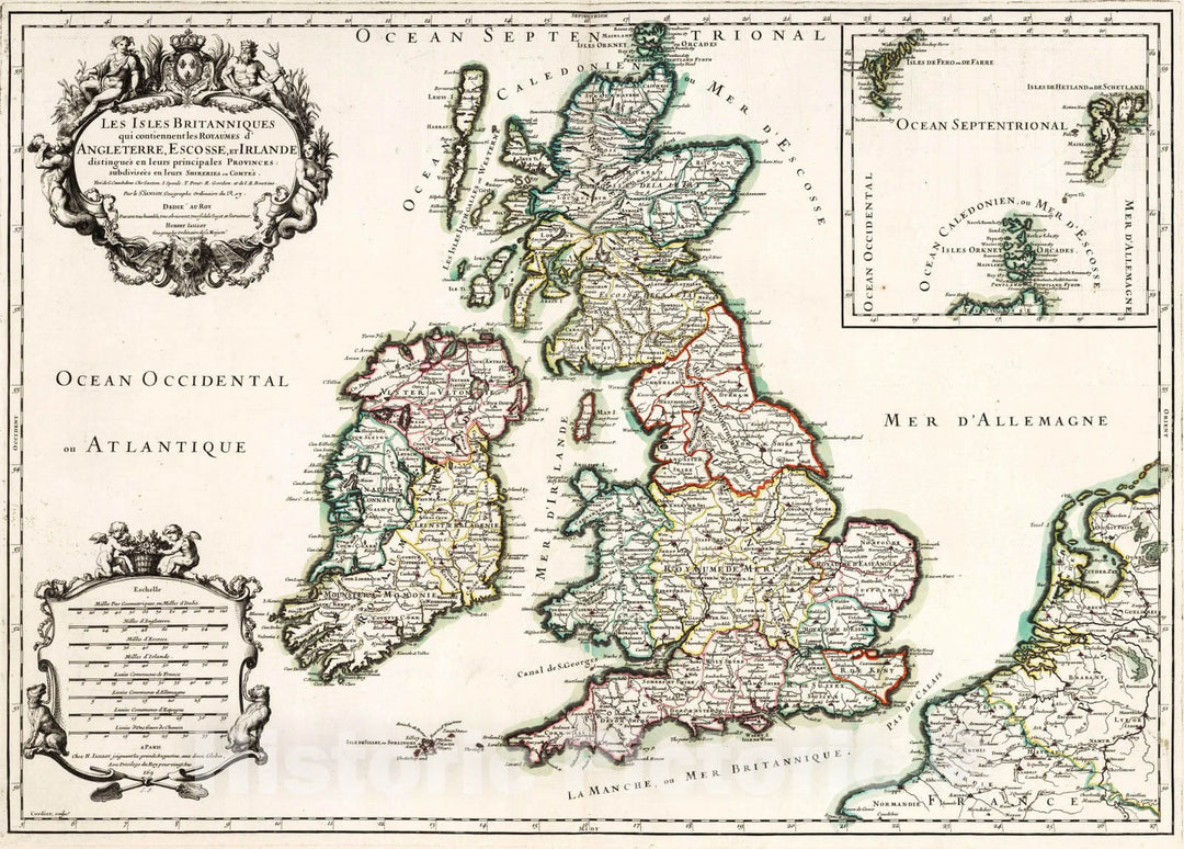 Historic Map : Ireland, British Isles 1695 Les Isles Britanniques. , Vintage Wall Art