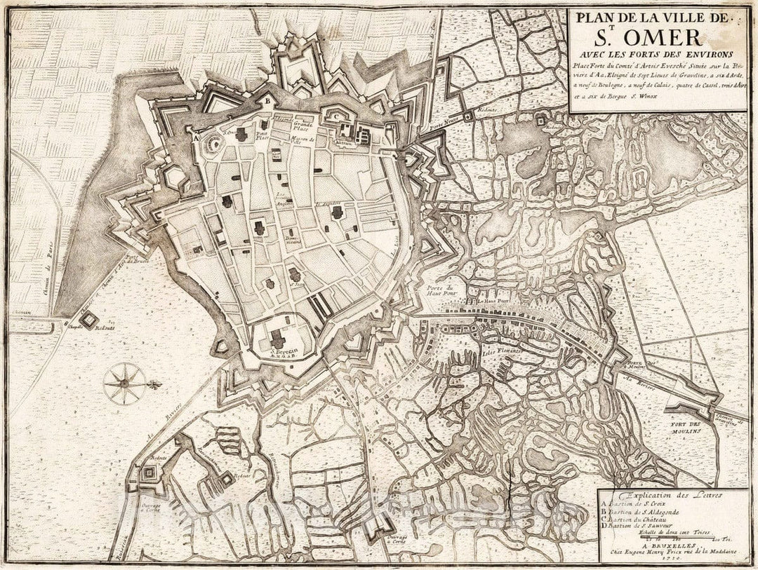 Historic Wall Map : Saint Omer , France, 1710 73. Plan de la Ville de St. Omer avec les Forts des Environs, France. 1710. , Vintage Wall Art