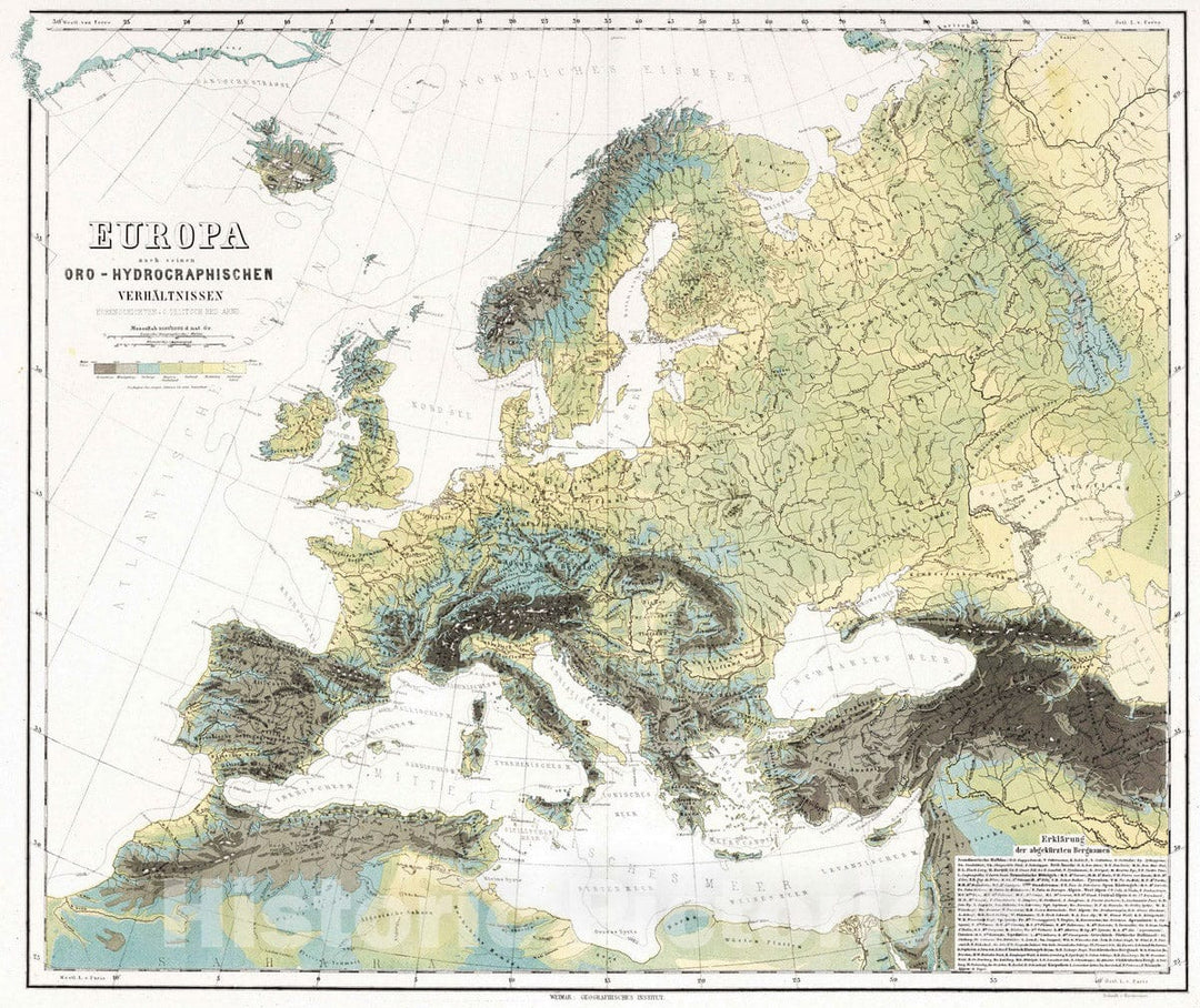 Historic Map - 1875 Europe: Topography and Hydrography, Atlas - Vintage Wall Art