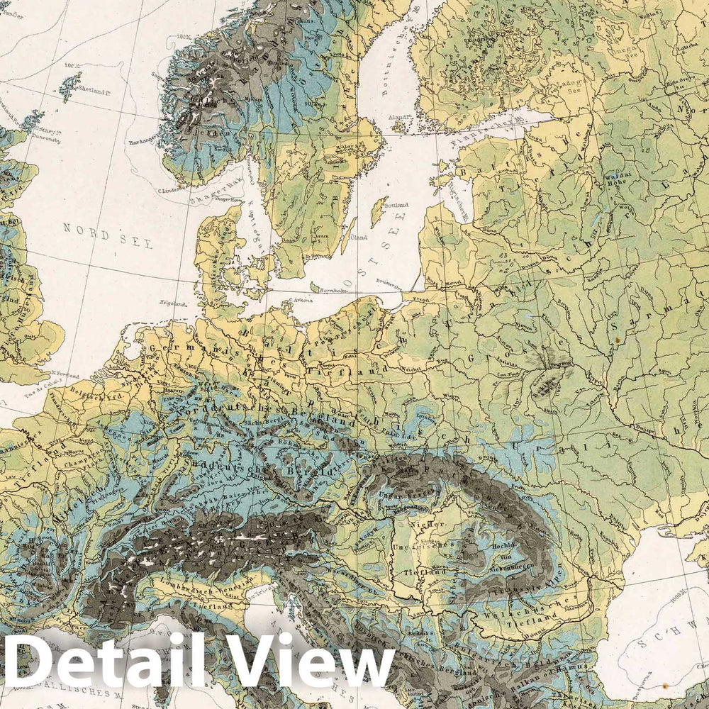 Historic Map - 1875 Europe: Topography and Hydrography, Atlas - Vintage Wall Art