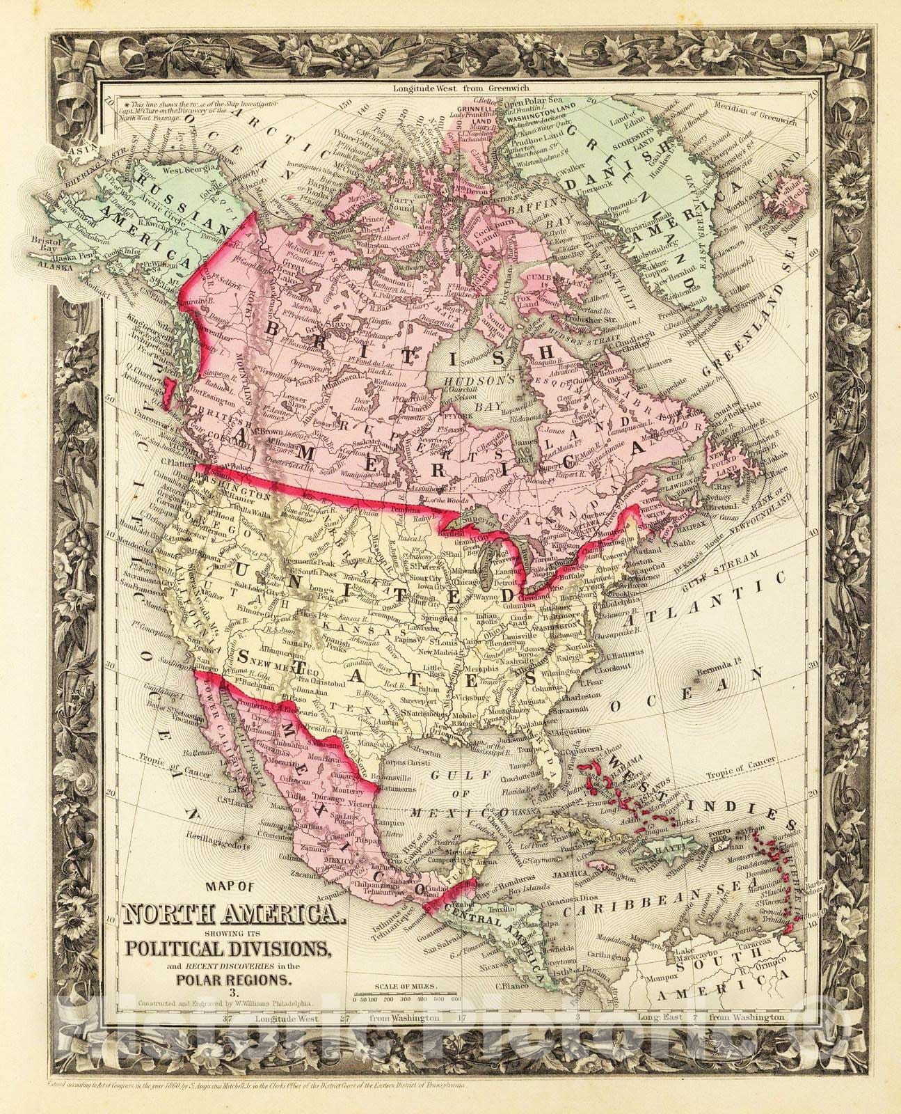 Historic Map : 1860 Map of North America. - Vintage Wall Art