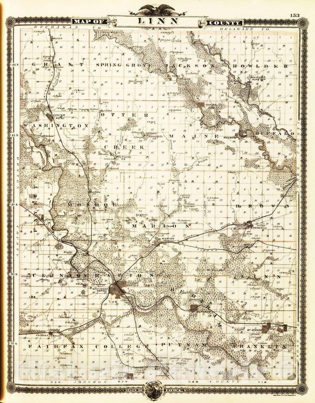 Historic Map : 1875 Map of Linn County, State of Iowa. - Vintage Wall Art