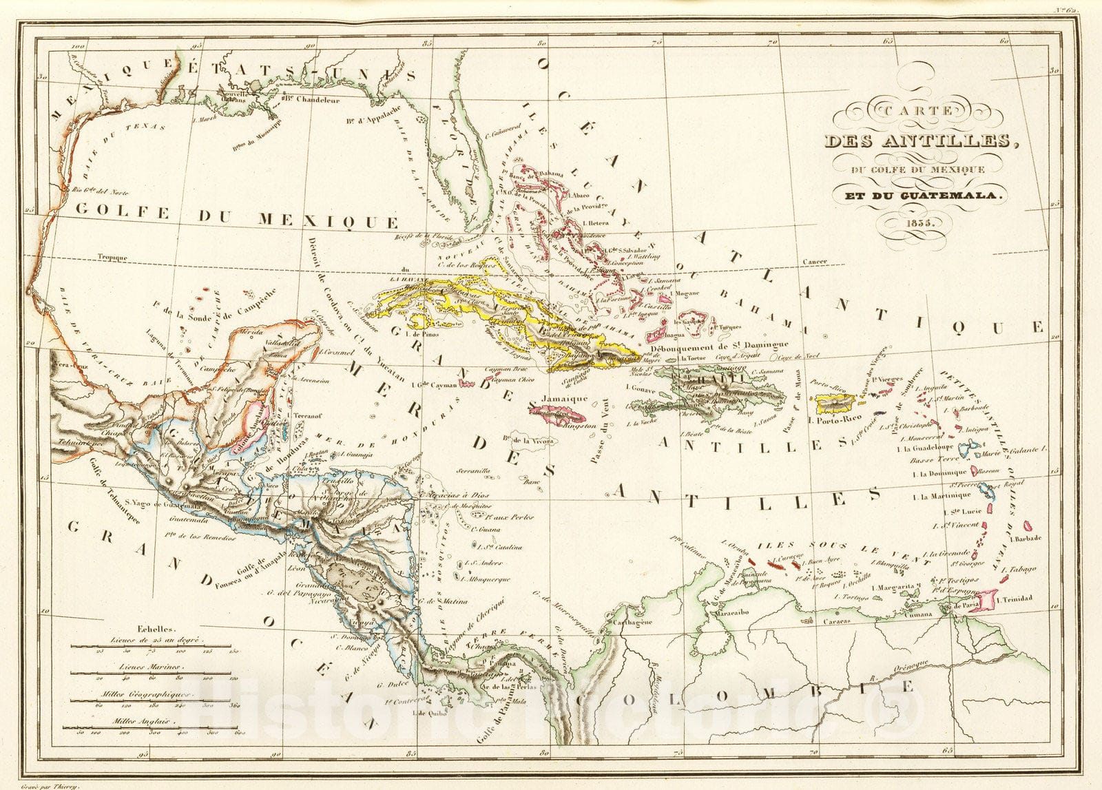 Historic Map : Guatemala; Mexico, 1837 Antilles, du Golfe de Mexique, et du Guatemala. , Vintage Wall Art