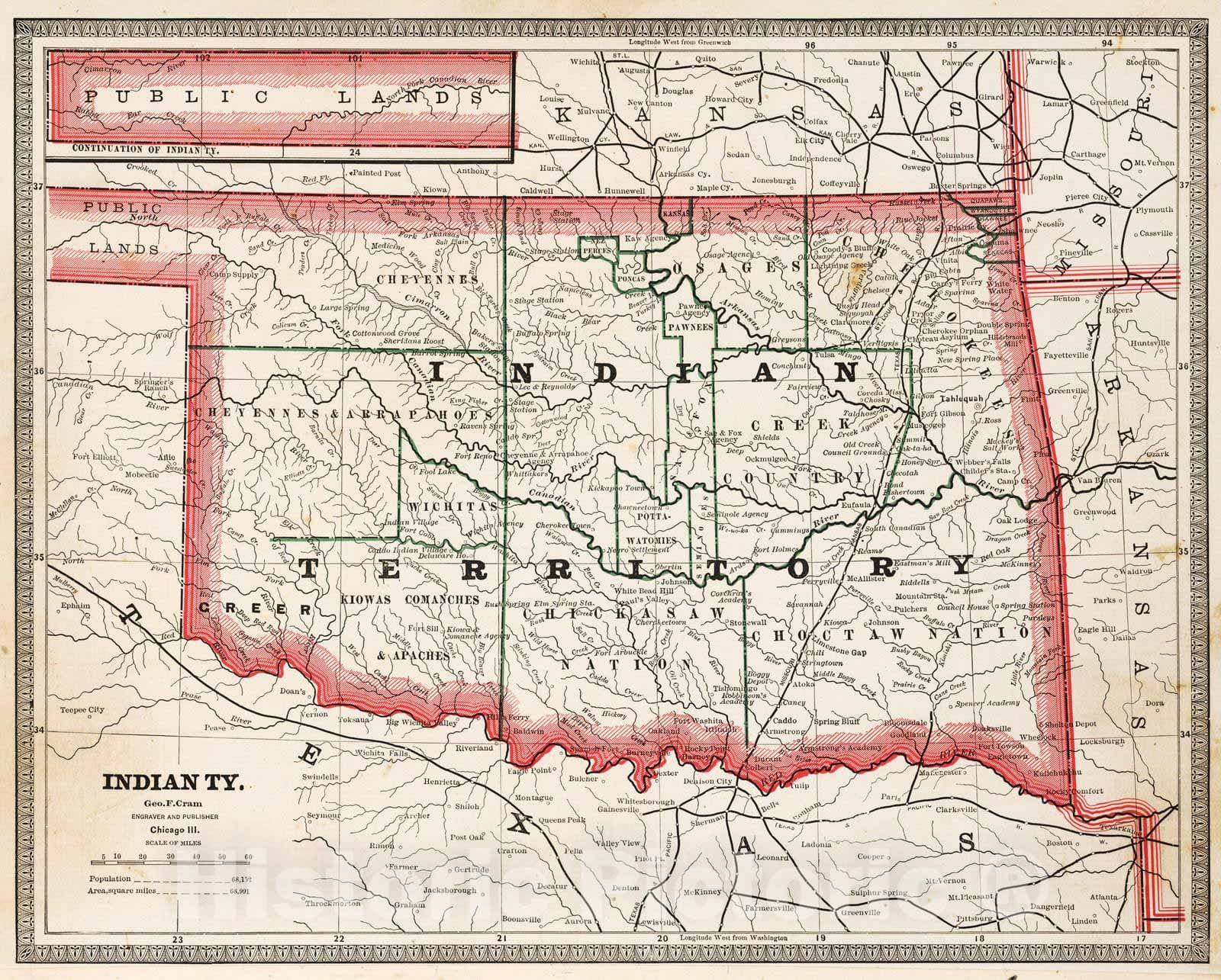 Historic Map : 1883 Indian Territory (Oklahoma). - Vintage Wall Art