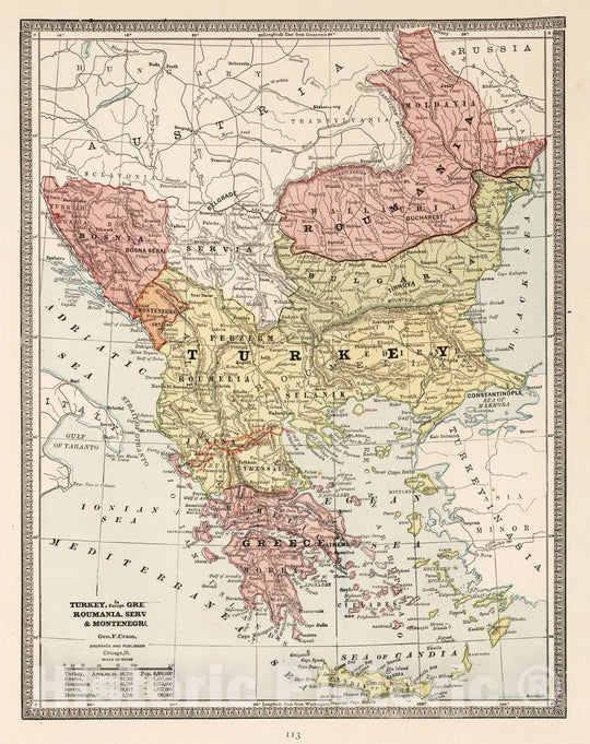 Historic Map : 1883 Turkey in Europe, Greece, Roumania, Servia & Montenegro. - Vintage Wall Art