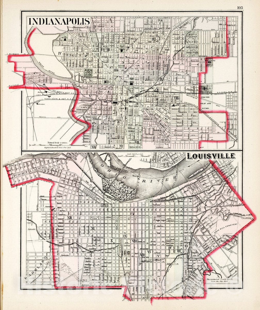 Historic Map : National Atlas - 1884 Indianapolis. Louisville. - Vintage Wall Art