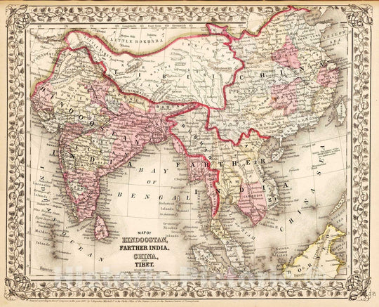 Historic Wall Map : 1868 Map of Hindoostan, Farther India, China, and Tibet - Vintage Wall Art