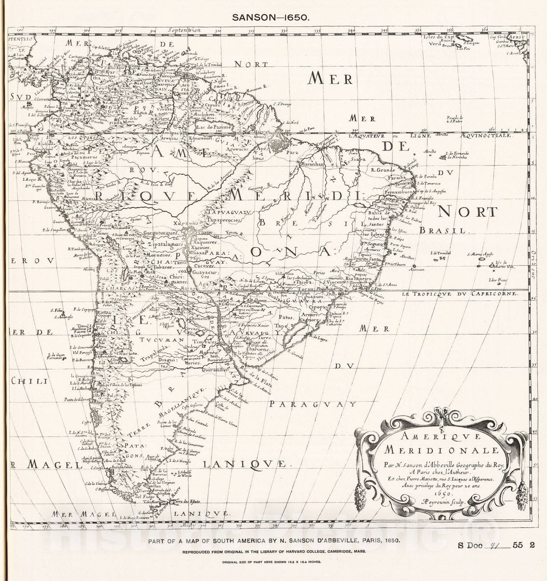 Historic Map : National Atlas - 1650 Part of South America by Sanson. - Vintage Wall Art