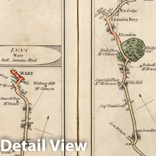 Historic Map : National Atlas - 1790 Hoddesdon to Ware, Potters Bar to Ware, London to Bishops Stortford. - Vintage Wall Art