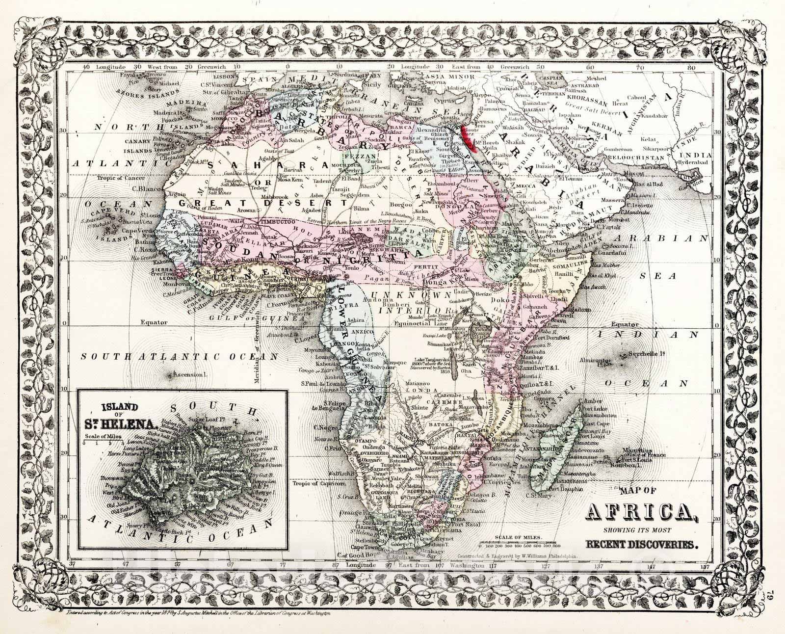 Historic Wall Map : 1874 Map of Africa, showing its most recent discoveries - Vintage Wall Art