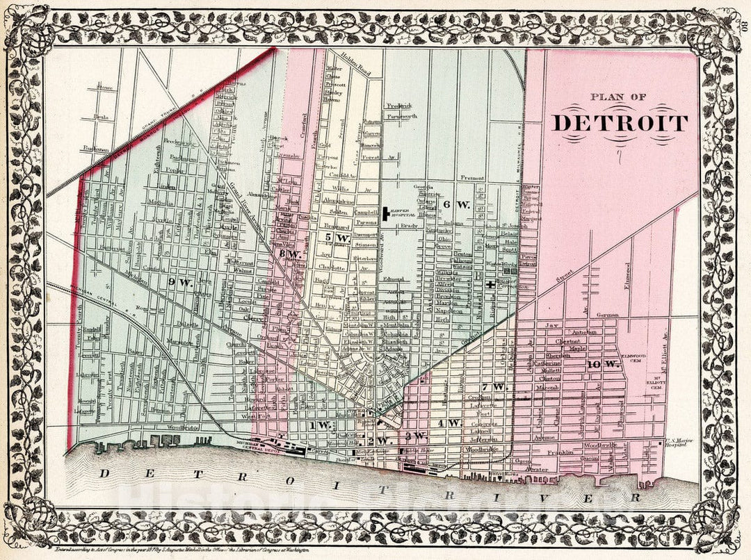 Historic Map : 1877 Plan of Detroit - Vintage Wall Art