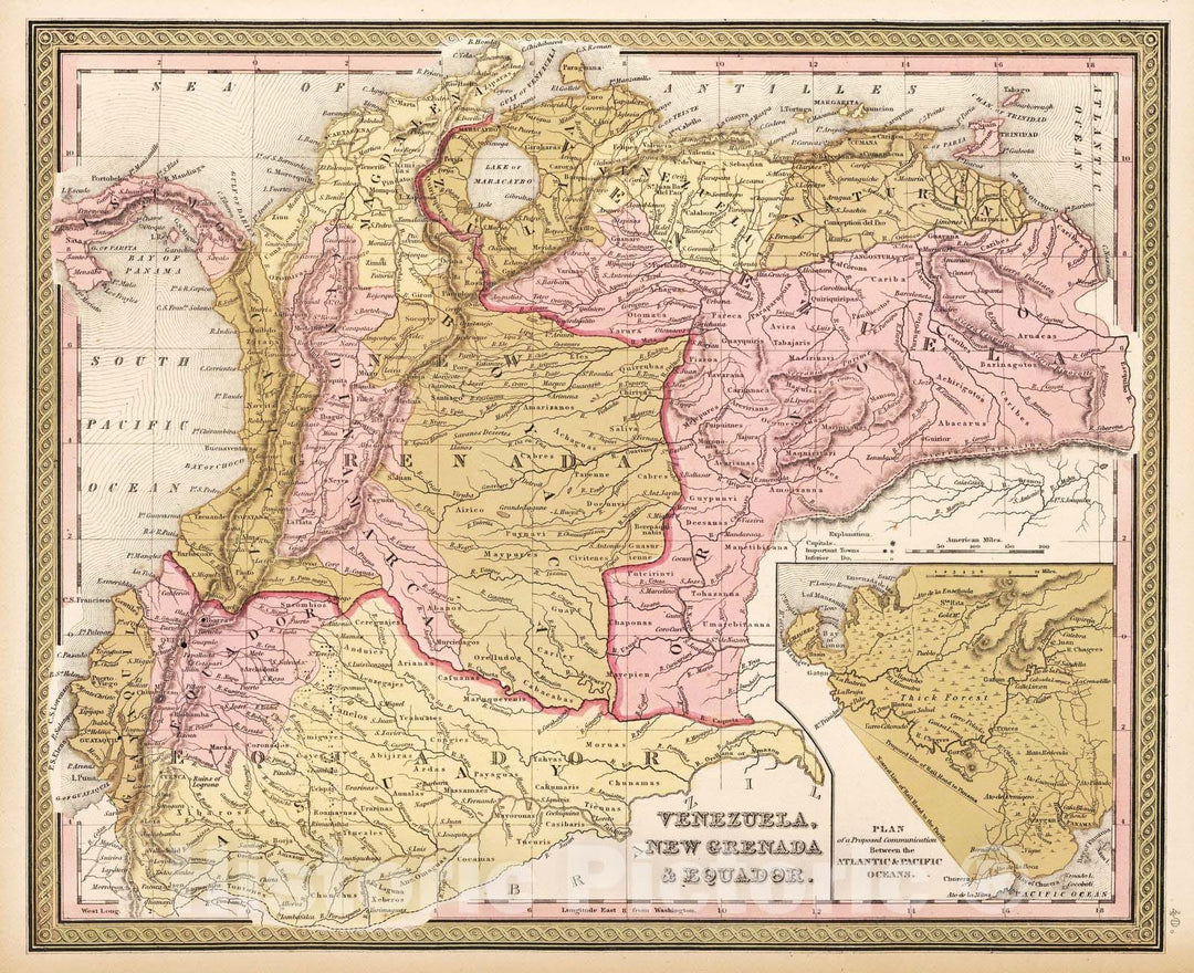 Historic Map : Colombia, 1850 Venezuela, New Granada and Equador. , Vintage Wall Art