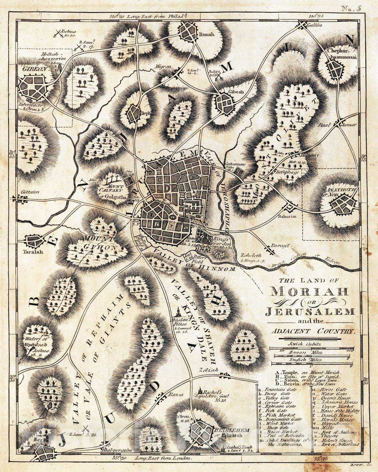 Historic Map : School Atlas - 1822 The land of Moriah or Jerusalem and adjacent country - Vintage Wall Art