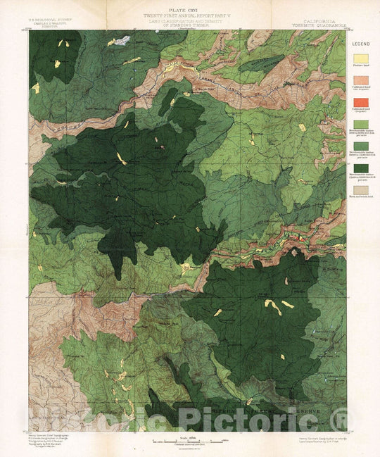 Historic Map : Geologic Atlas - 1900 Plate CXVI. Yosemite Quadrangle, California. Land Classification and Density of Standing Timber. - Vintage Wall Art