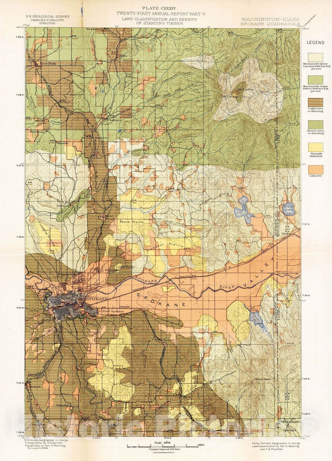 Historic Map : Geologic Atlas - 1900 Plate CXXXIV. Spokane Quadrangle, Washington-Idaho, Land Classification and Density of Standing Timber. - Vintage Wall Art