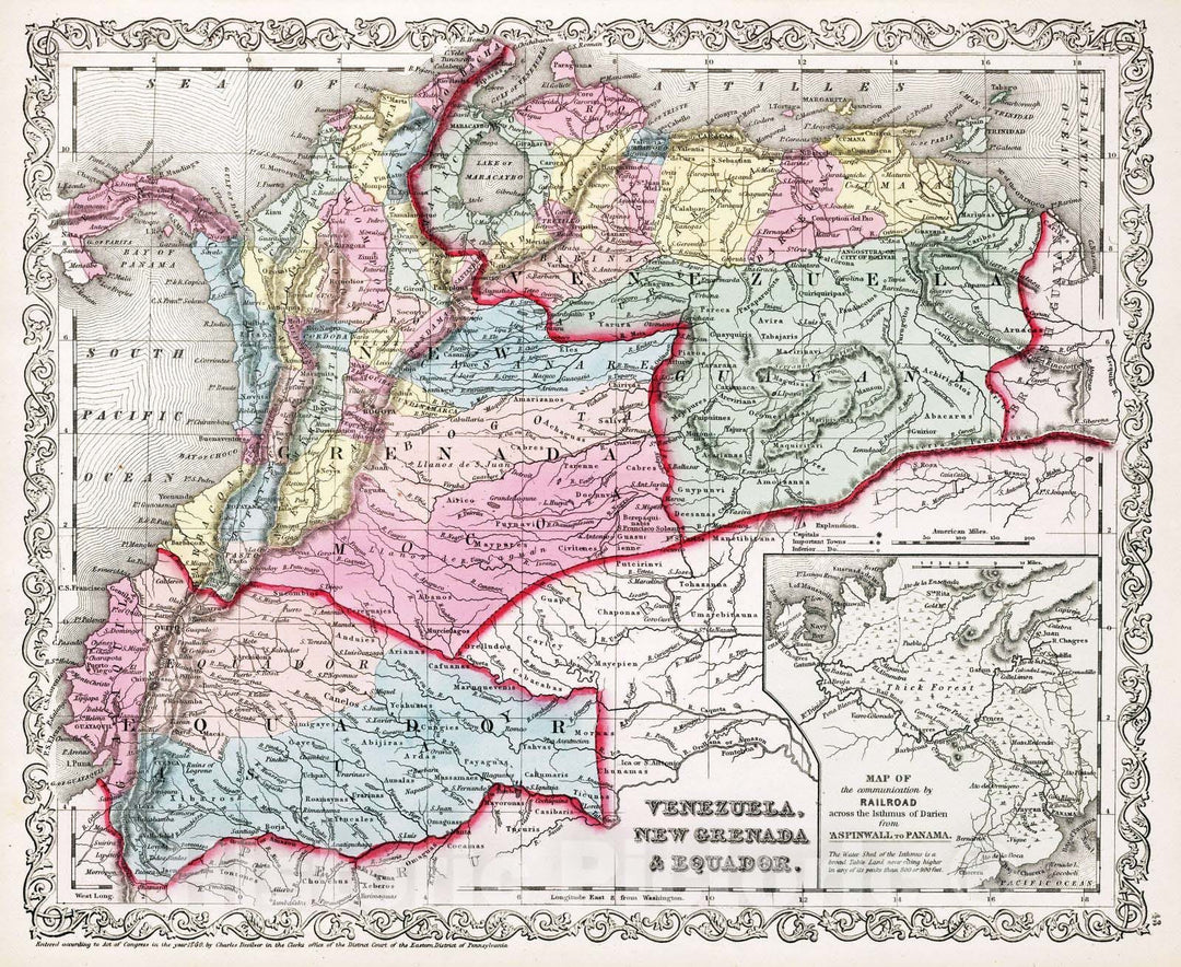 Historic Map : Ecuador, 1860 Venezuela, New Grenada & Equador. , Vintage Wall Art